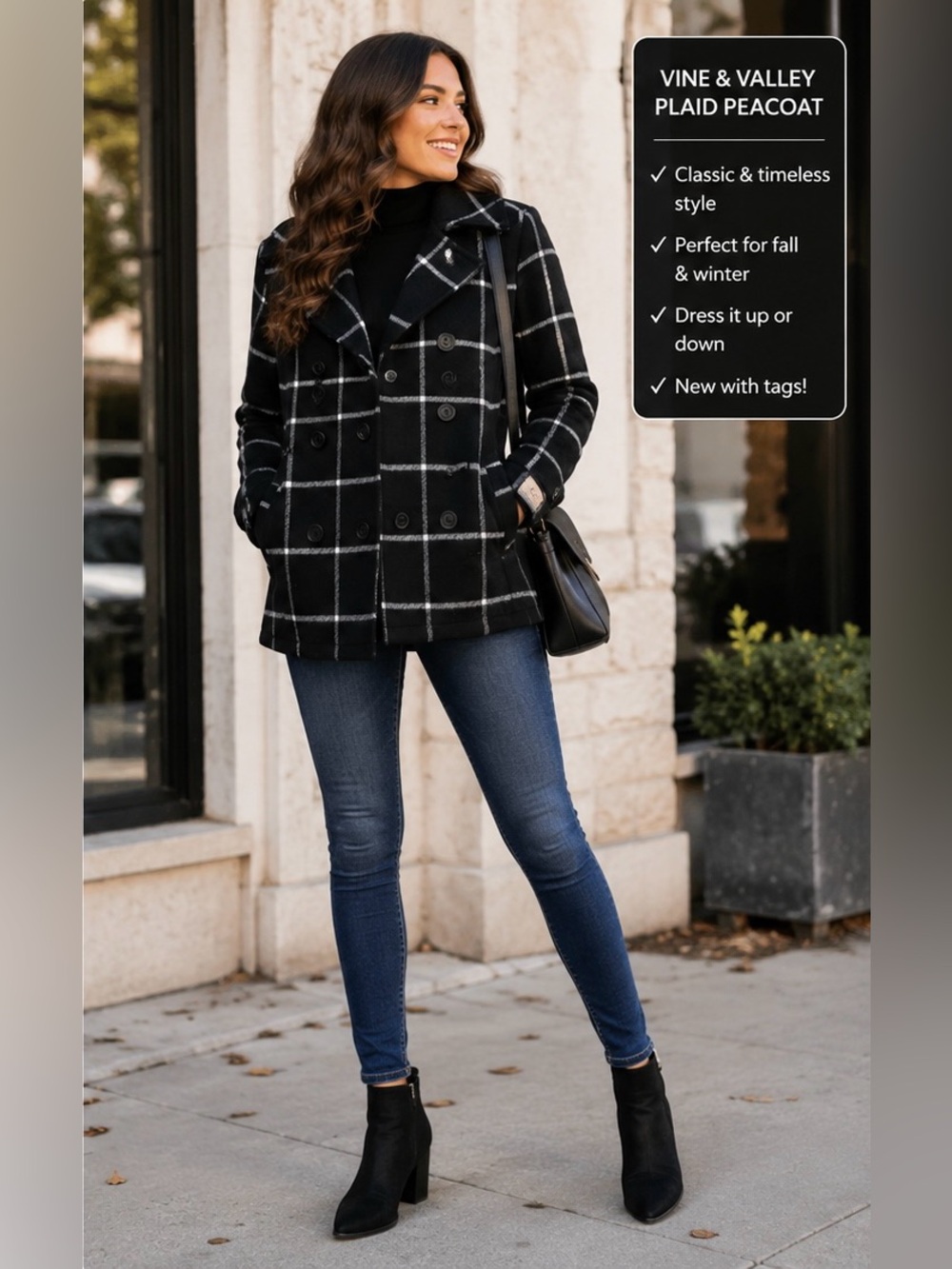 NWT Vine & Valley Black White Plaid Peacoat Womens Large Double Breasted Jacket
